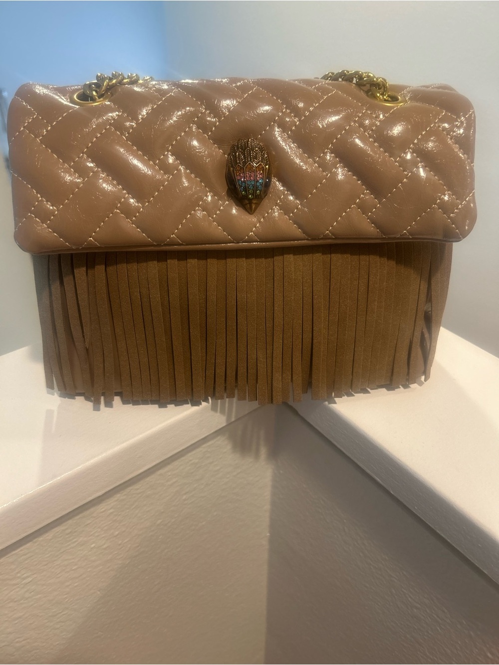 Quilted Fringe Shoulder Bag in Taupe and Brown
